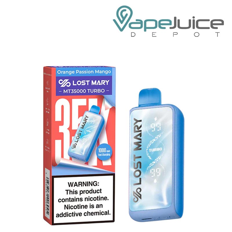 A Box of Orange Passion Mango Lost Mary MT35000 Turbo Disposable with a warning sign and a device next to it - Vape Juice Depot