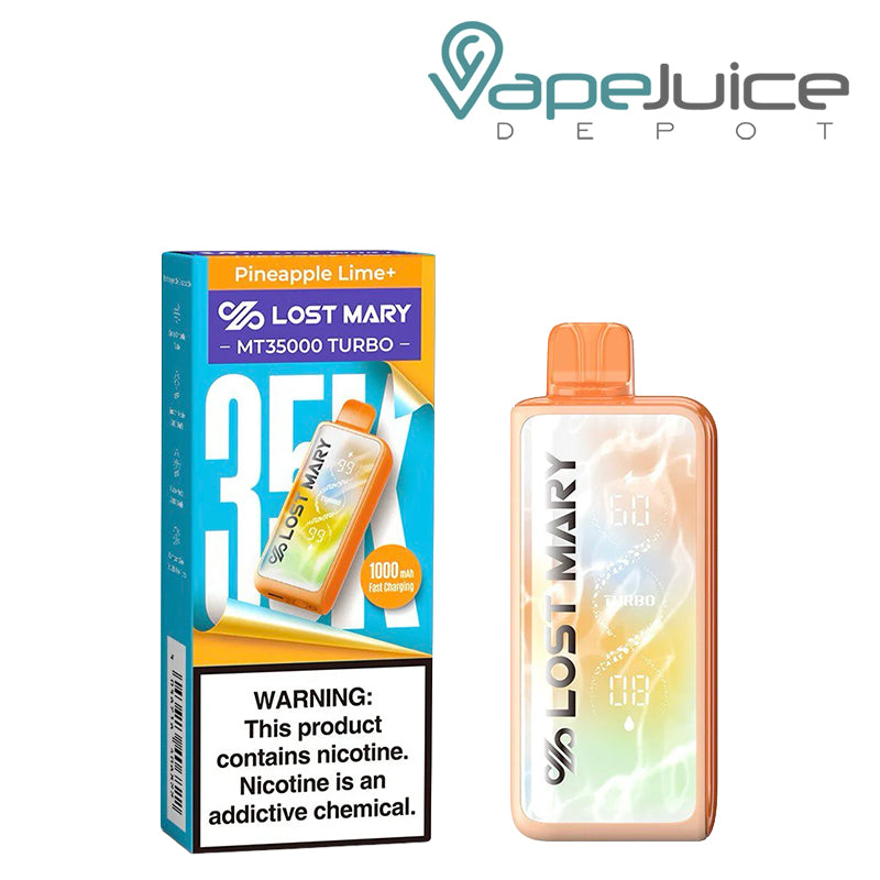 A Box of Pineapple Lime+ Lost Mary MT35000 Turbo Disposable with a warning sign and a device next to it - Vape Juice Depot