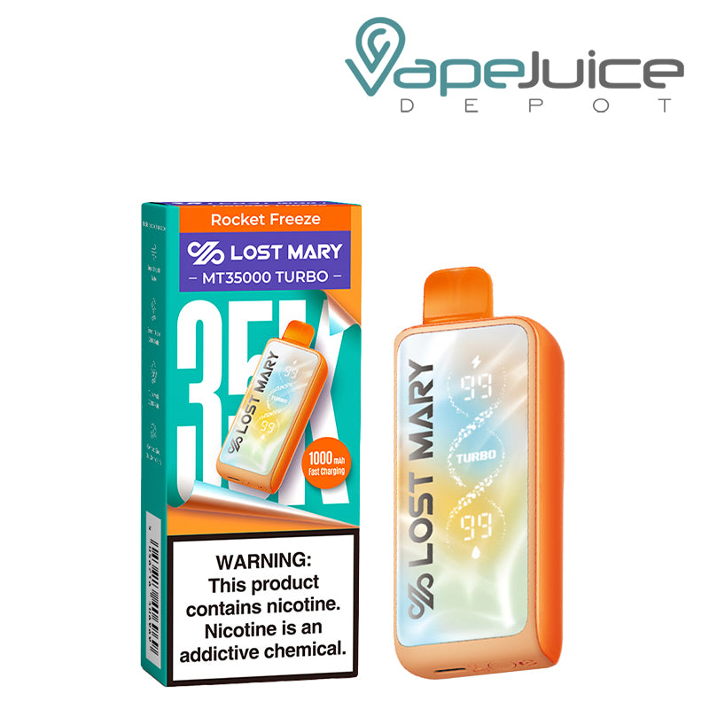 A Box of Rocket Freeze Lost Mary MT35000 Turbo Disposable with a warning sign and a device next to it - Vape Juice Depot