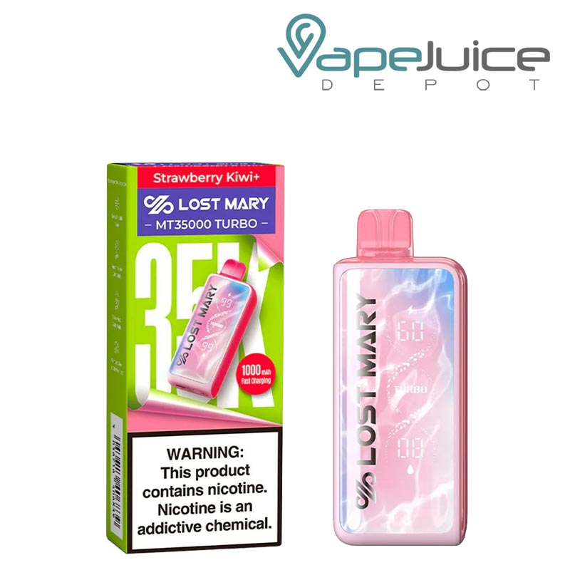 A Box of Strawberry Kiwi+ Lost Mary MT35000 Turbo Disposable with a warning sign and a device next to it - Vape Juice Depot