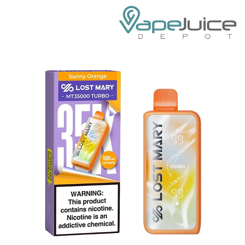 A Box of Sunny Orange Lost Mary MT35000 Turbo Disposable with a warning sign and a device next to it - Vape Juice Depot