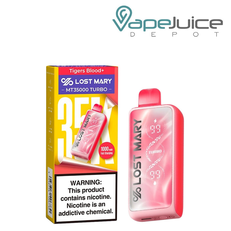 A Box of Tigers Blood+ Lost Mary MT35000 Turbo Disposable with a warning sign and a device next to it - Vape Juice Depot