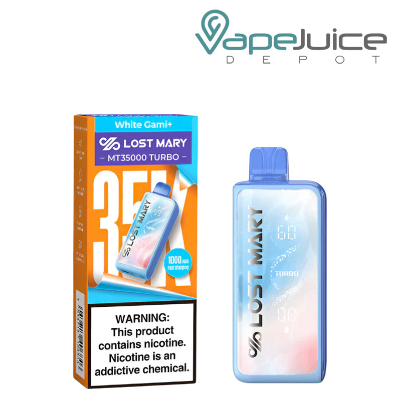 A Box of White Gami+ Lost Mary MT35000 Turbo Disposable with a warning sign and a device next to it - Vape Juice Depot