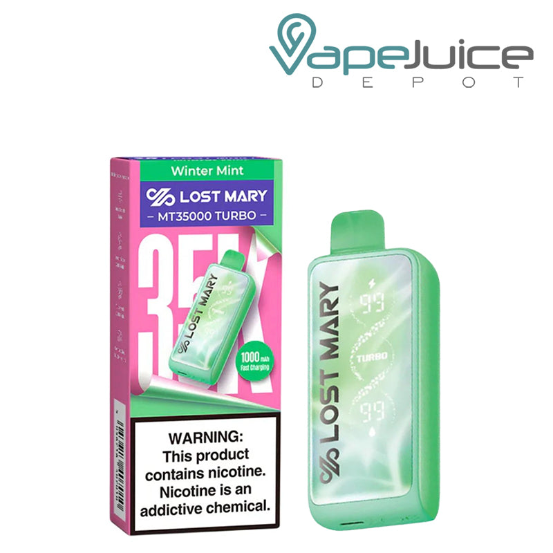 A Box of Winter Mint Lost Mary MT35000 Turbo Disposable with a warning sign and a device next to it - Vape Juice Depot