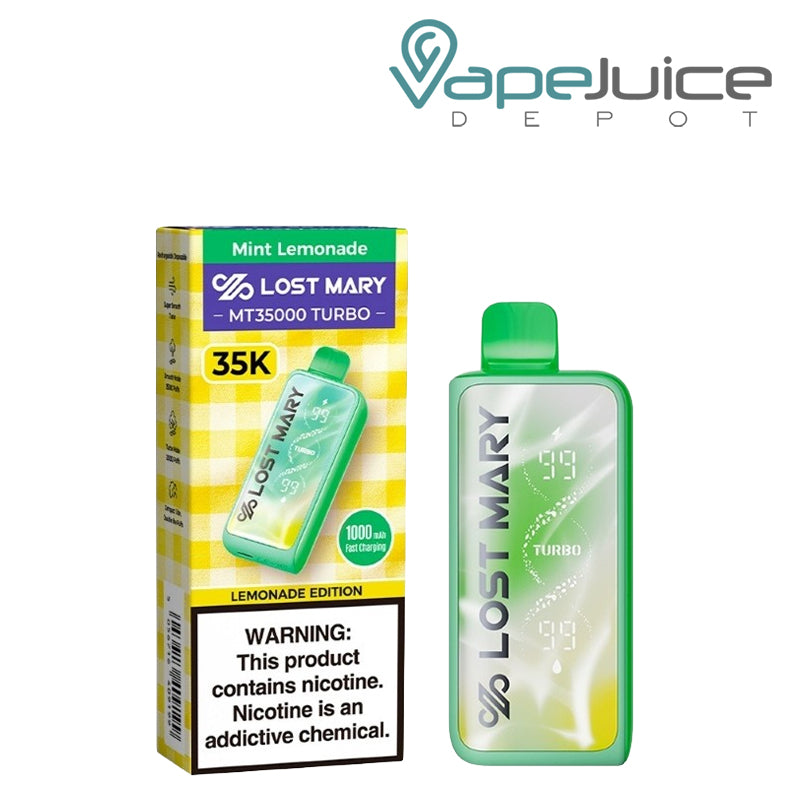A Mint Lemonade Lost Mary MT35000 Turbo disposable vape with digital display screen, side e-liquid visibility, and matching box packaging with a nicotine warning - Vape Juice Depot