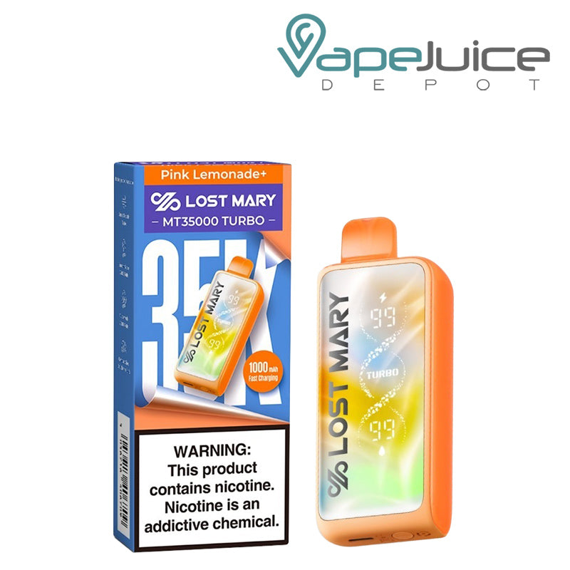 A Box of Pink Lemonade+ Lost Mary MT35000 Turbo Disposable with a warning sign and a device next to it - Vape Juice Depot