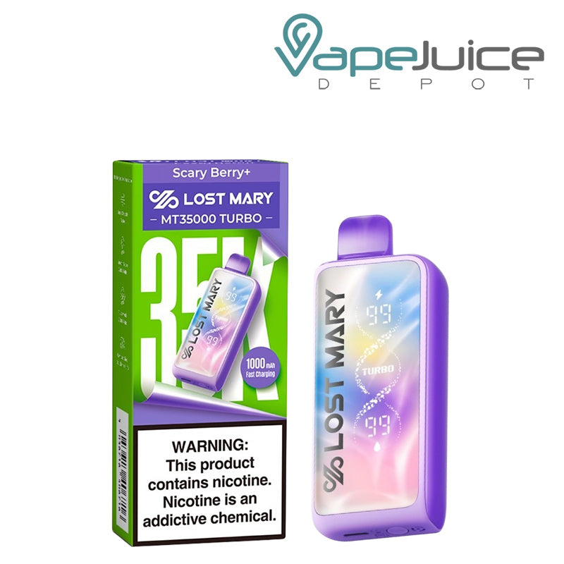 A Box of Scary Berry+ Lost Mary MT35000 Turbo Disposable with a warning sign and a device next to it - Vape Juice Depot