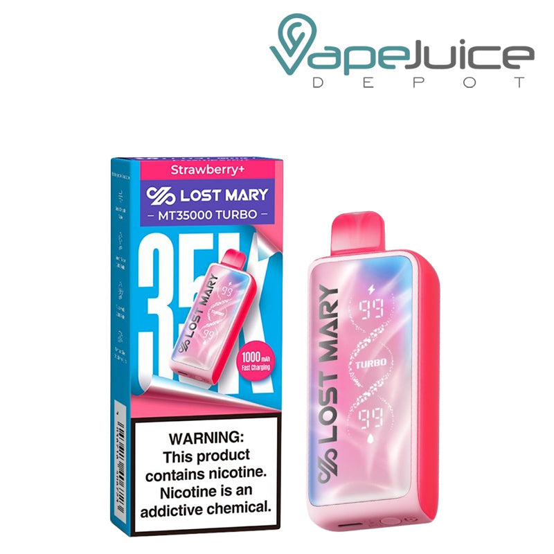 A Box of Strawberry+ Lost Mary MT35000 Turbo Disposable with a warning sign and a device next to it - Vape Juice Depot