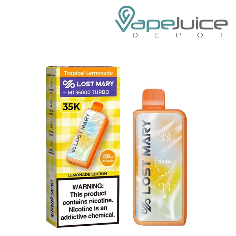 A Strawberry Tropical Lemonade Lost Mary MT35000 Turbo disposable vape with digital display screen, side e-liquid visibility, and matching box packaging with a nicotine warning - Vape Juice Depot