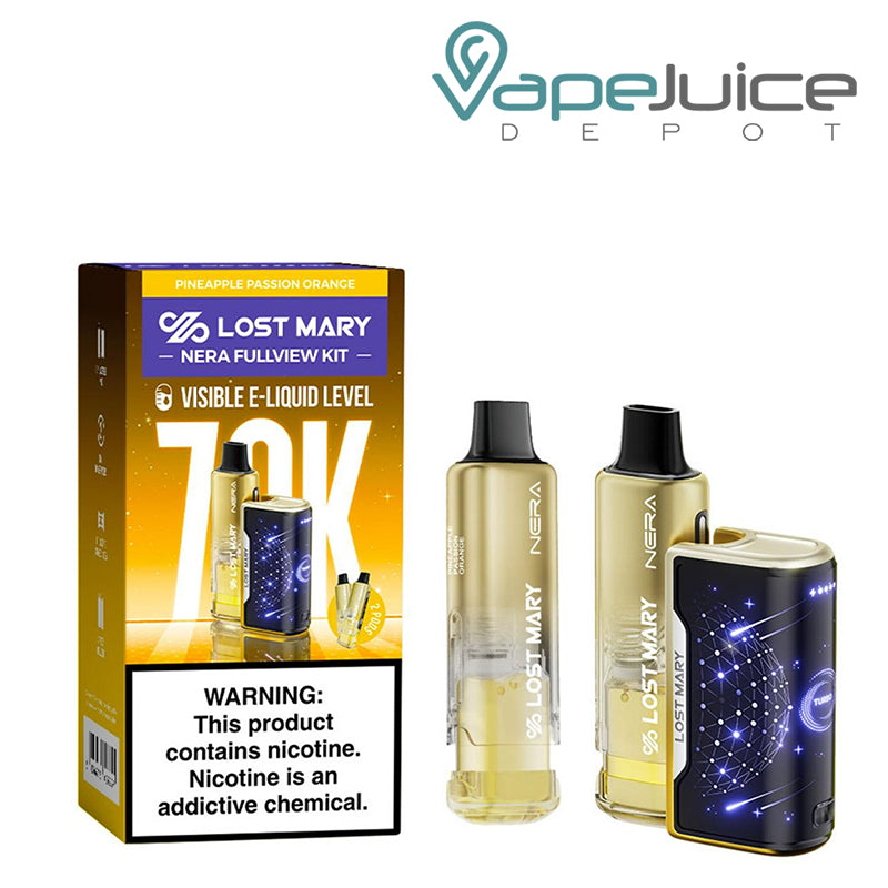 A box of Pineapple Passion Orange Lost Mary Nera Fullview 70K Disposable Kit with a warning sign and a battery device and pre-filled pod next to it – Vape Juice Depot