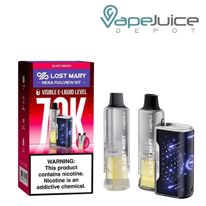 A box of Scary Berry Lost Mary Nera Fullview 70K Disposable Kit with a warning sign and a battery device and pre-filled pod next to it – Vape Juice Depot