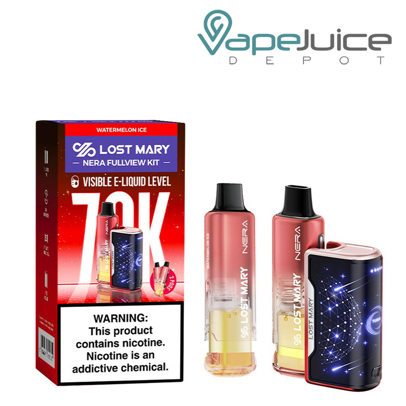 A box of Watermelon Ice Lost Mary Nera Fullview 70K Disposable Kit with a warning sign and a battery device and pre-filled pod next to it – Vape Juice Depot