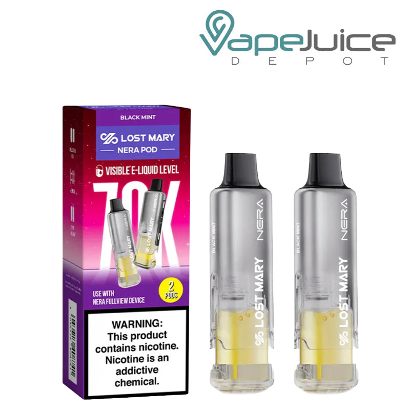 A box of Black Mint Lost Mary Nera Fullview 70K Disposable Pods with a warning sign and 2 pods next to it – Vape Juice Depot