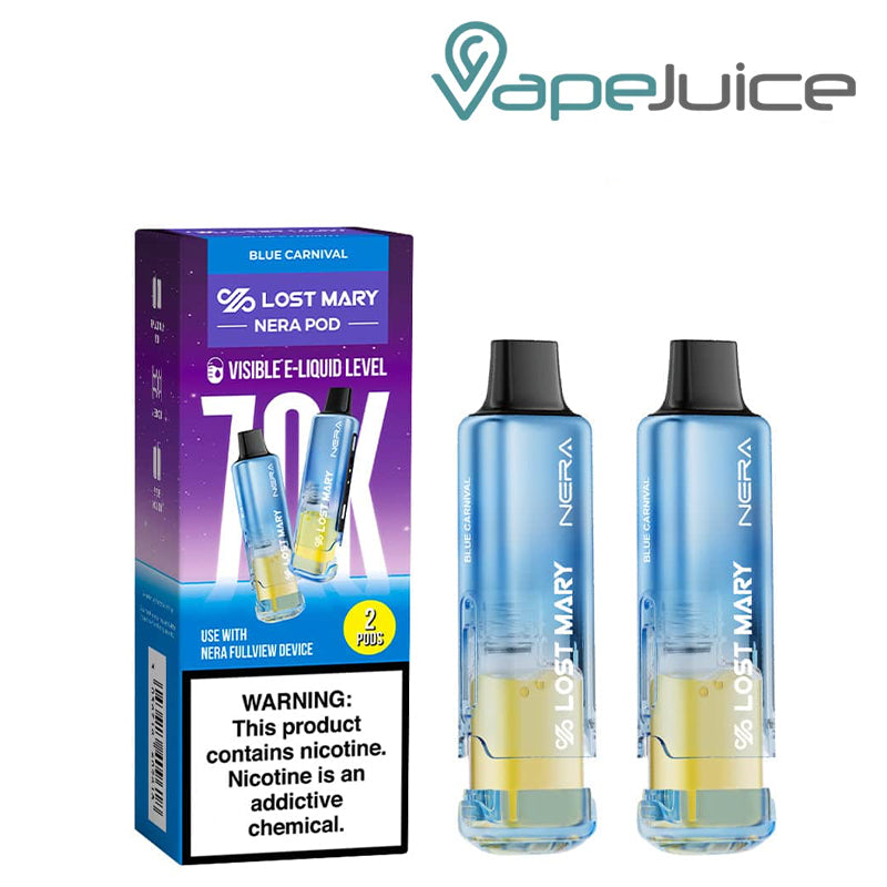 A box of Blue Carnival Lost Mary Nera Fullview 70K Disposable Pods with a warning sign and 2 pods next to it – Vape Juice Depot