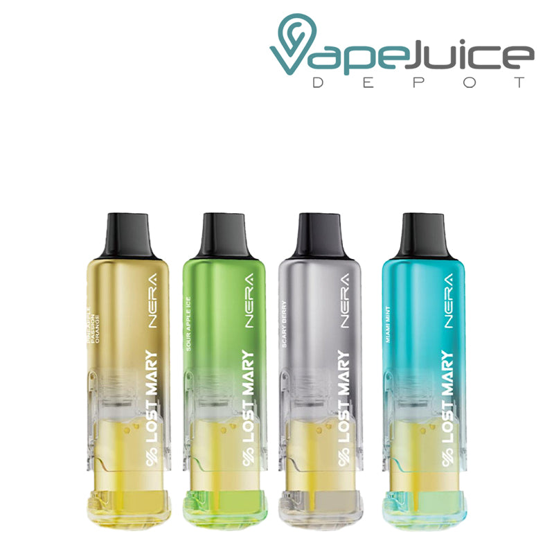 Pineapple Passion Orange, Sour Apple Ice, Scary Berry, and Miami Mint Lost Mary Nera Fullview 70K Disposable Pods – Vape Juice Depot