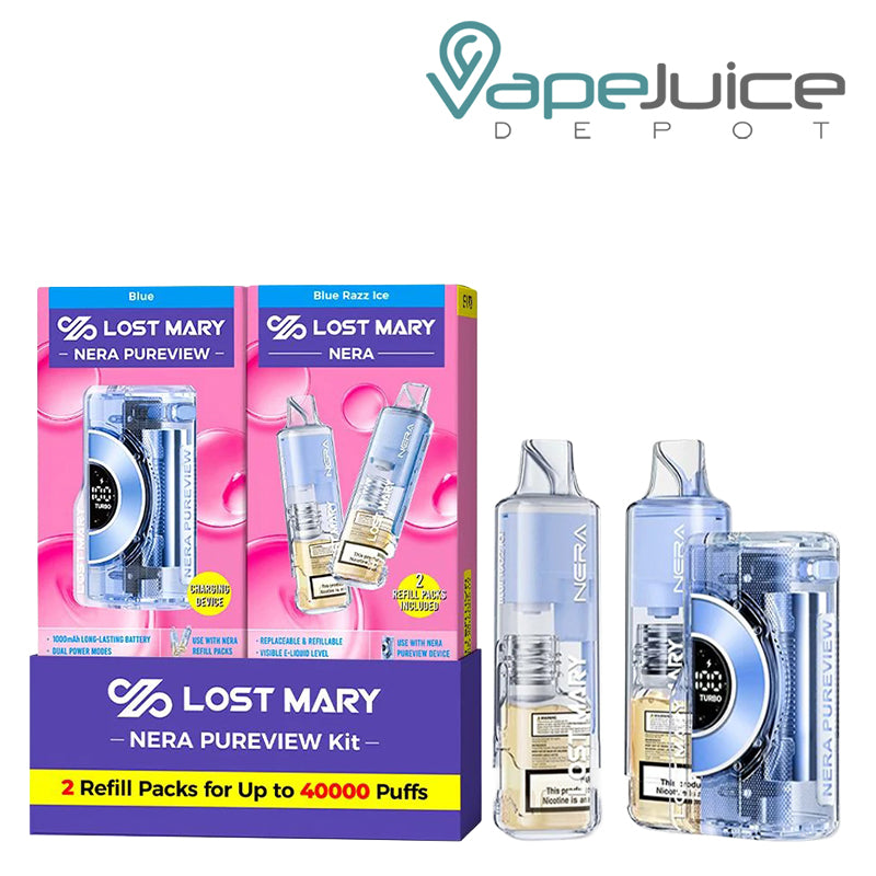 A Box of Blue Razz Ice Lost Mary NERA Pureview 40K Disposable and a device next to it - Vape Juice Depot