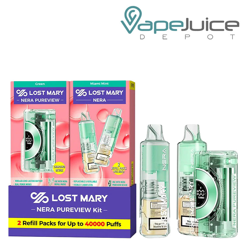 A Box of Miami Mint Lost Mary NERA Pureview 40K Disposable and a device next to it - Vape Juice Depot