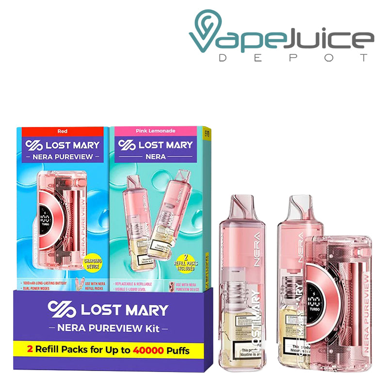A Box of Pink Lemonade Lost Mary NERA Pureview 40K Disposable and a device next to it - Vape Juice Depot