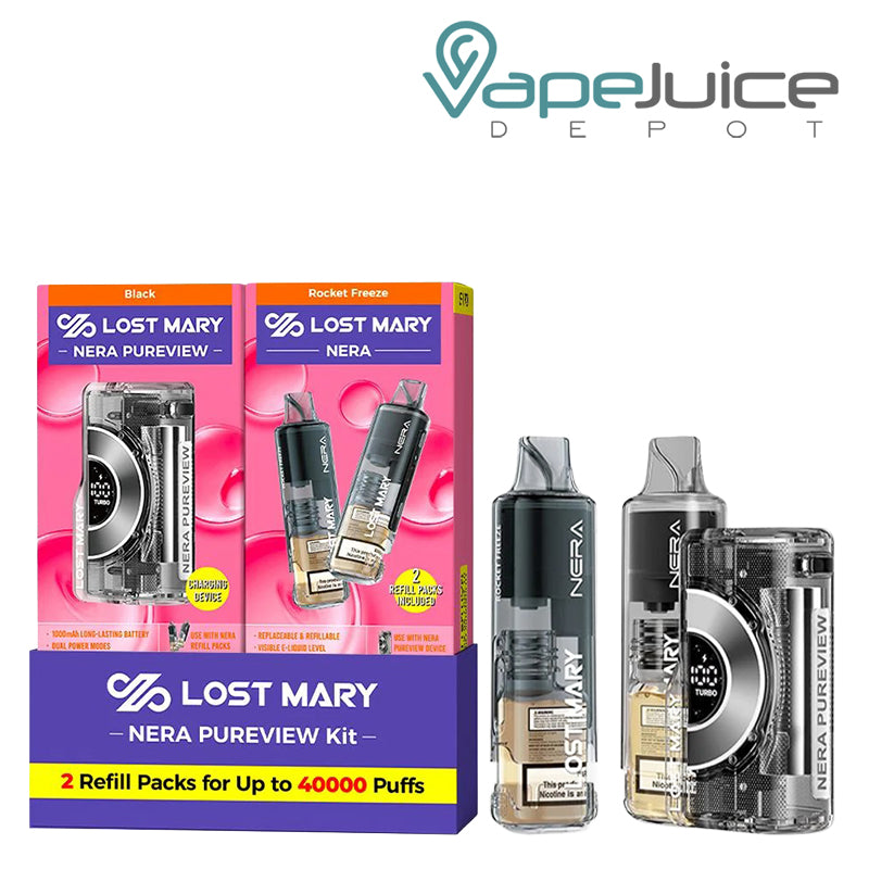 A Box of Rocket Freeze Lost Mary NERA Pureview 40K Disposable and a device next to it - Vape Juice Depot