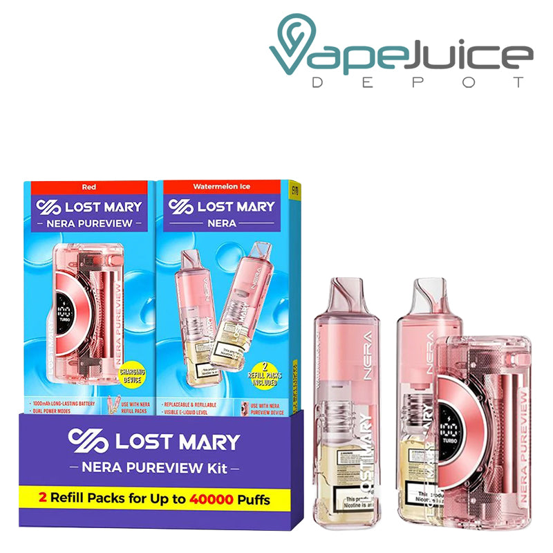 A Box of Watermelon Ice Lost Mary NERA Pureview 40K Disposable and a device next to it - Vape Juice Depot