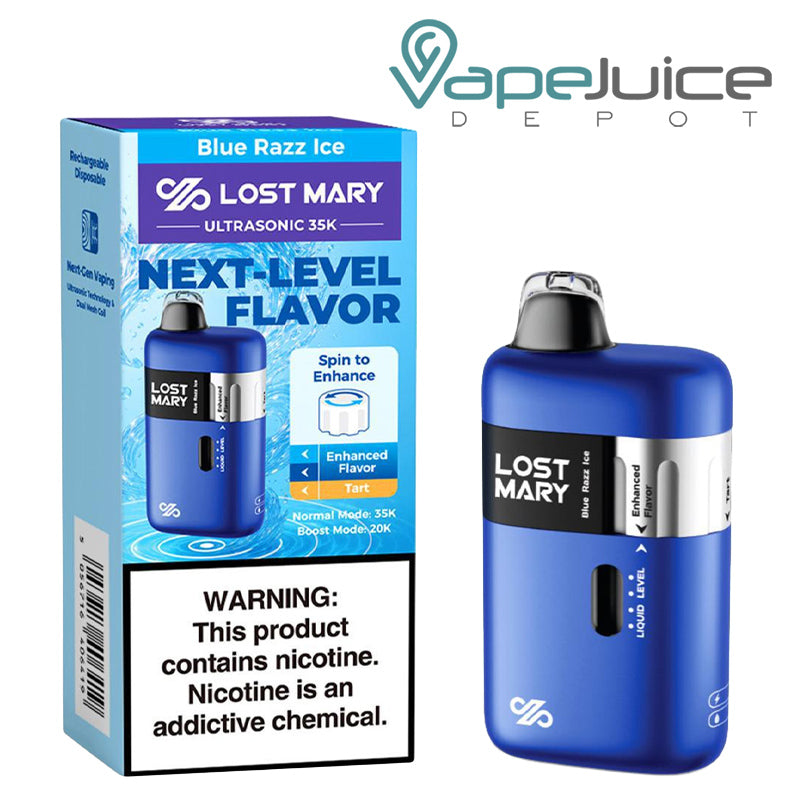 A Box of Blue Razz Ice Lost Mary Ultrasonic 35K Disposable with a warning sign and a device with LED Screen next to it - Vape Juice Depot