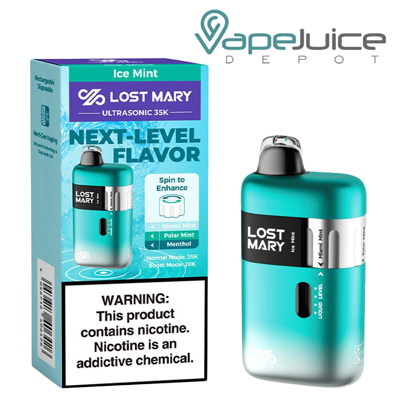 A Box of Ice Mint Lost Mary Ultrasonic 35K Disposable with a warning sign and a device with LED Screen next to it - Vape Juice Depot