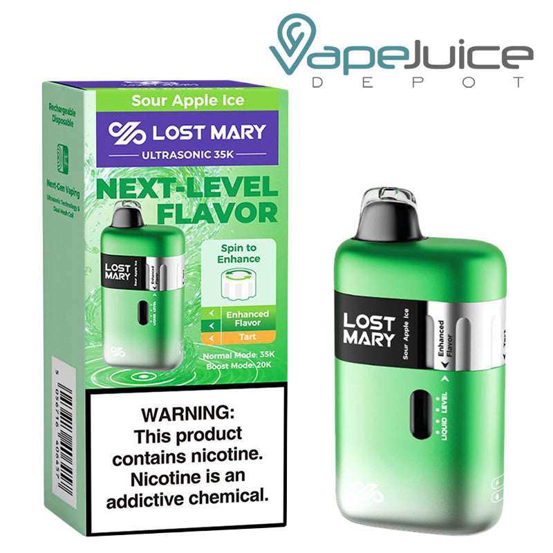A Box of Sour Apple Ice Lost Mary Ultrasonic 35K Disposable with a warning sign and a device with LED Screen next to it - Vape Juice Depot