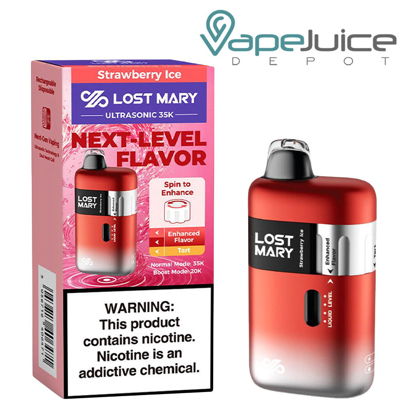 A Box of Strawberry Ice Lost Mary Ultrasonic 35K Disposable with a warning sign and a device with LED Screen next to it - Vape Juice Depot