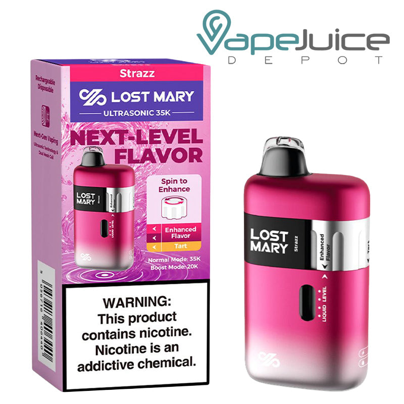 A Box of Strazz Lost Mary Ultrasonic 35K Disposable with a warning sign and a device with LED Screen next to it - Vape Juice Depot