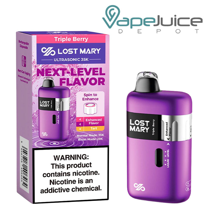 A Box of Triple Berry Lost Mary Ultrasonic 35K Disposable with a warning sign and a device with LED Screen next to it - Vape Juice Depot
