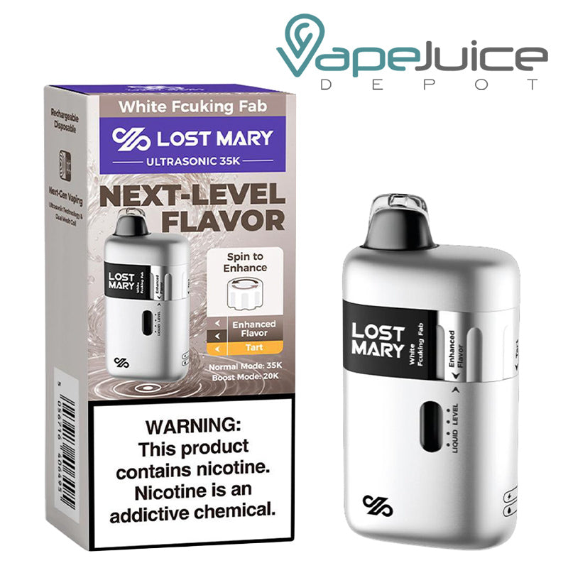 A Box of White Fcuking Fab Lost Mary Ultrasonic 35K Disposable with a warning sign and a device with LED Screen next to it - Vape Juice Depot