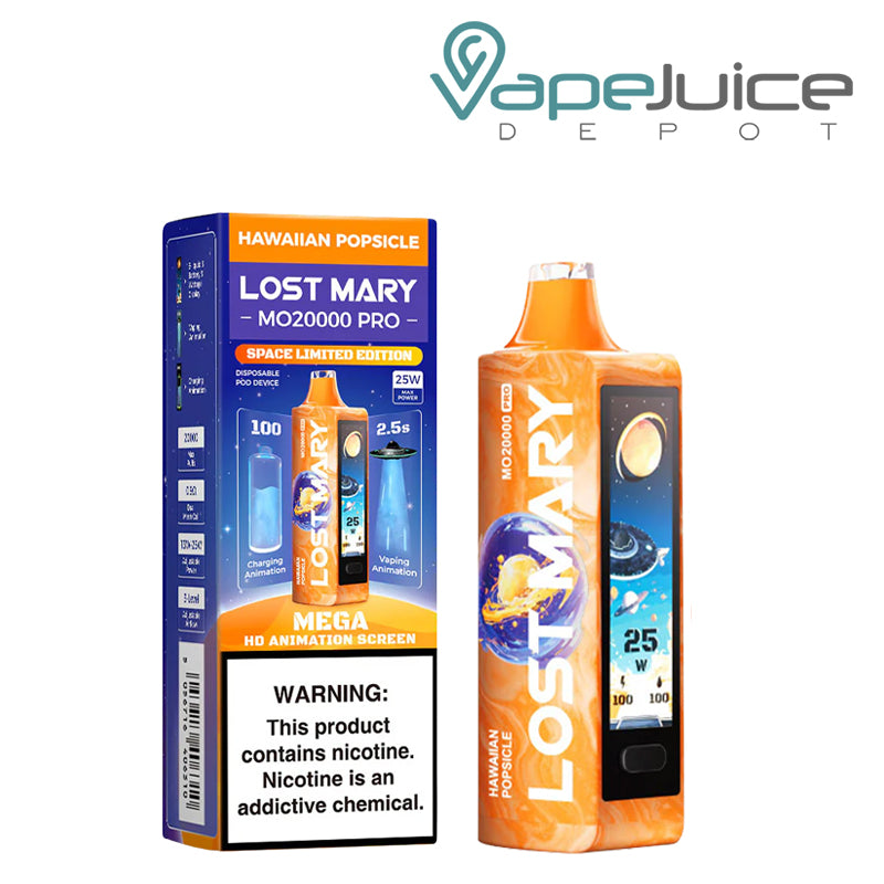 A Box of Hawaiian Popsicle Lost Mary MO20000 Pro Disposable with a warning sign and a disposable with HD screen next to it - Vape Juice Depot