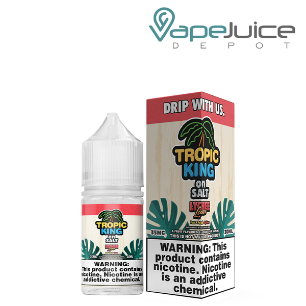 A 30ml bottle of Lychee Luau Tropic King On Salt and a box with a warning sign next to it - Vape Juice Depot
