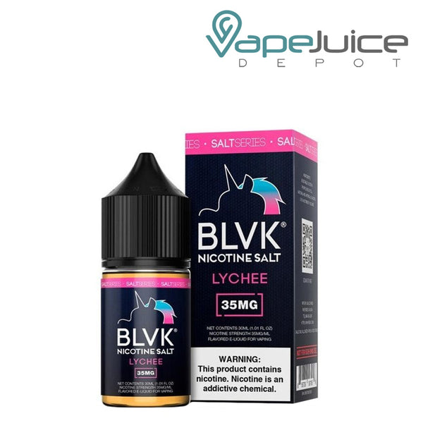 A 30ml bottle of Lychee Salt BLVK Unicorn eLiquid and a box with a warning sign next to it - Vape Juice Depot