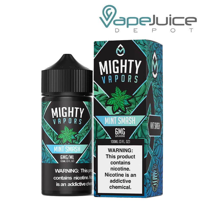A 100ml bottle of Mint Smash Mighty Vapors and a box with a warning sign next to it - Vape Juice Depot