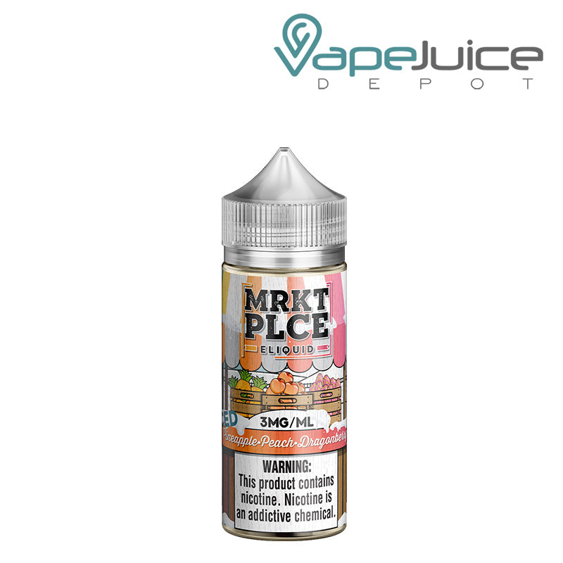 A 100ml bottle of Iced Pineapple Peach Dragonberry MRKTPLCE with a warning sign - Vape Juice Depot