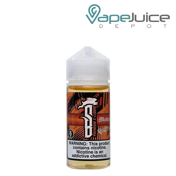 A 100ml bottle of Madre Suicide Bunny TFN eLiquid with a warning sign - Vape Juice Depot