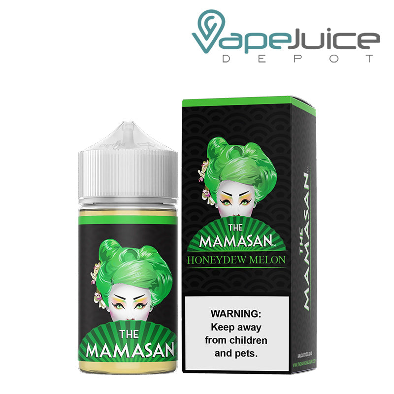A 60ml bottle of Mama Melon The Mamasan eLiquid and a box with a warning sign next to it - Vape Juice Depot