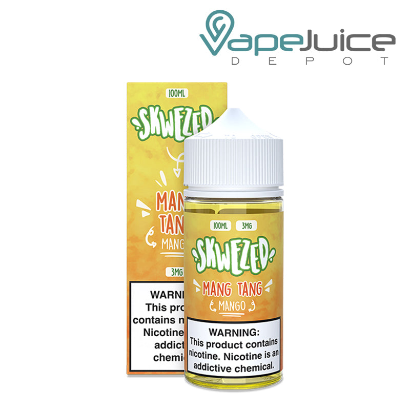 A Box of Mang Tang Skwezed eLiquid with a warning sign and a 100ml bottle next to it - Vape Juice Depot