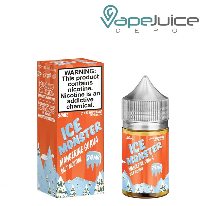 A box of Mangerine Guava Salt Ice Monster with a warning sign and a 30ml bottle next to it - Vape Juice Depot