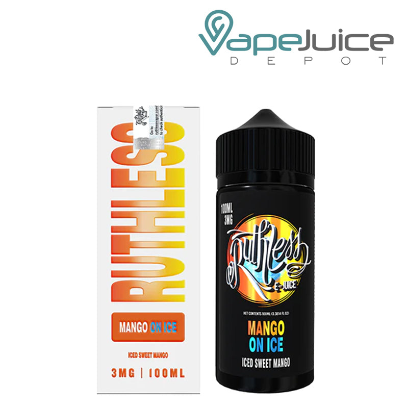 A Box of Mango On Ice Ruthless Vapor and a 100ml Bottle next to it - Vape Juice Depot