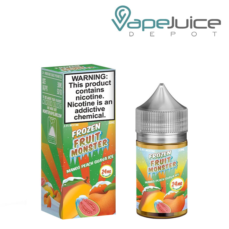 A box of Mango Peach Guava Ice Frozen Fruit Monster Salts with a warning and a 30ml bottle next to it - Vape Juice Depot