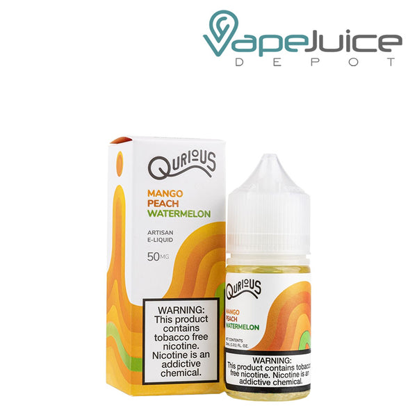 A box of Mango Peach Watermelon Qurious Synthetic Salt and a 30ml bottle with a warning sign next to it - Vape Juice Depot