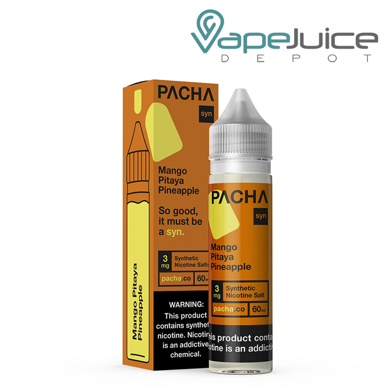 A box of Mango Pitaya Pineapple PachaMama TFN with a warning sign and a 60ml bottle next to it - Vape Juice Depot