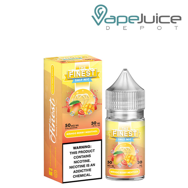 30ml bottle of Mango Berry Menthol Finest SaltNic Series and a box with a warning sign next to it - Vape Juice Depot