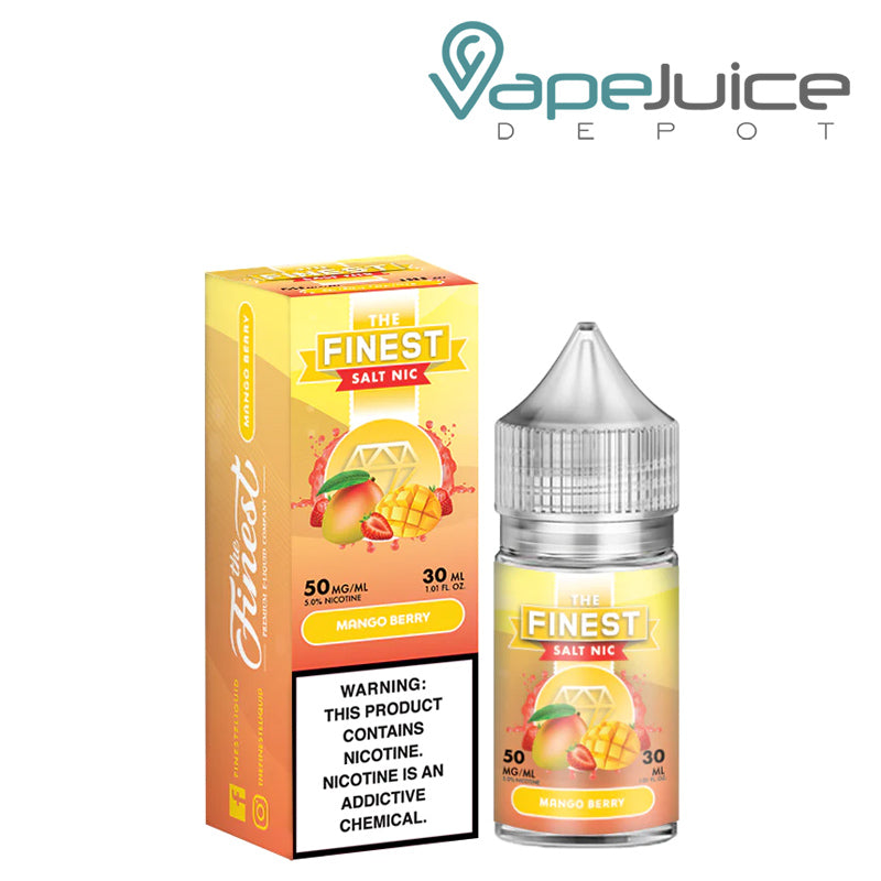 A box of Mango Berry Finest SaltNic Series with a warning sign and a 30ml bottle next to it - Vape Juice Depot