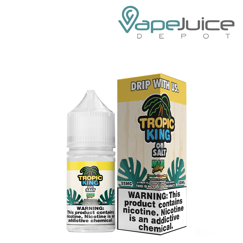 A 30ml bottle of Maui Mango Tropic King On Salt and a box with a warning sign next to it - Vape Juice Depot