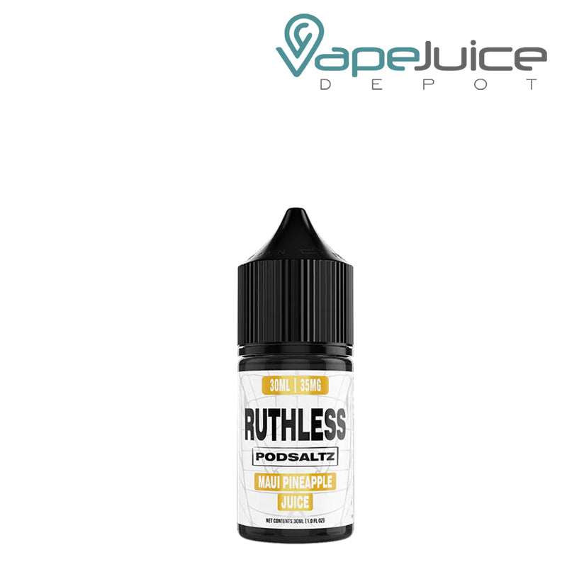 A 30ml bottle of Maui Pineapple Ruthless Essentials PodSaltz - Vape Juice Depot
