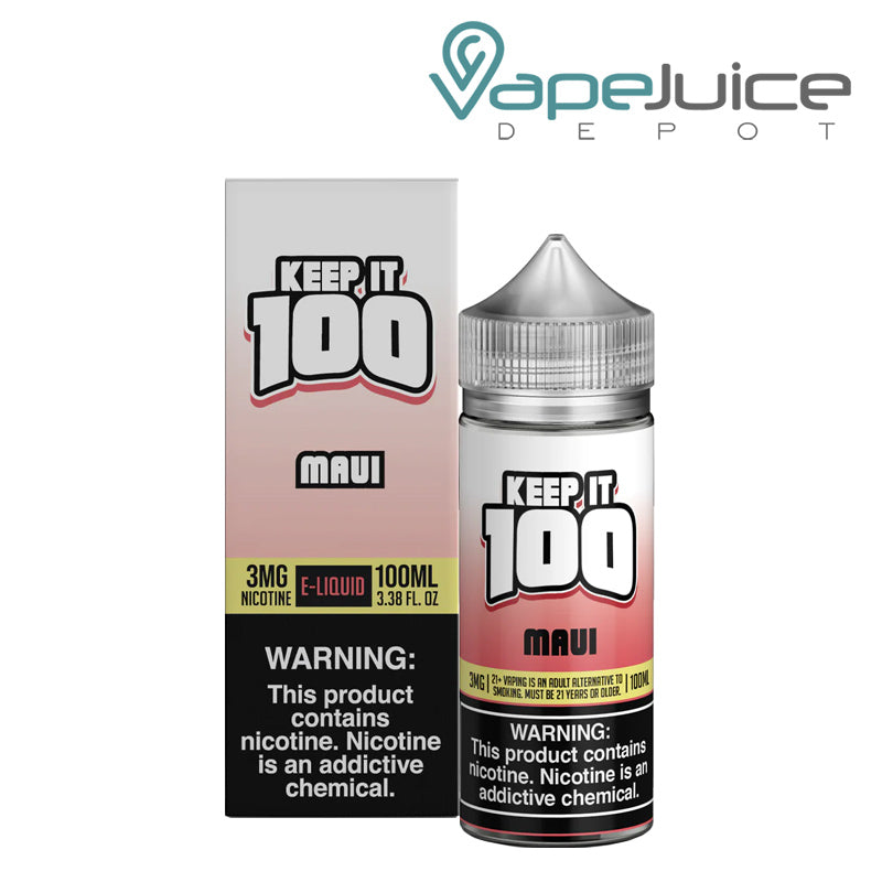 A box of Maui (Maui Blast) Keep it 100 TFN eLiquid with a warning sign and a 100ml bottle next to it - Vape Juice Depot