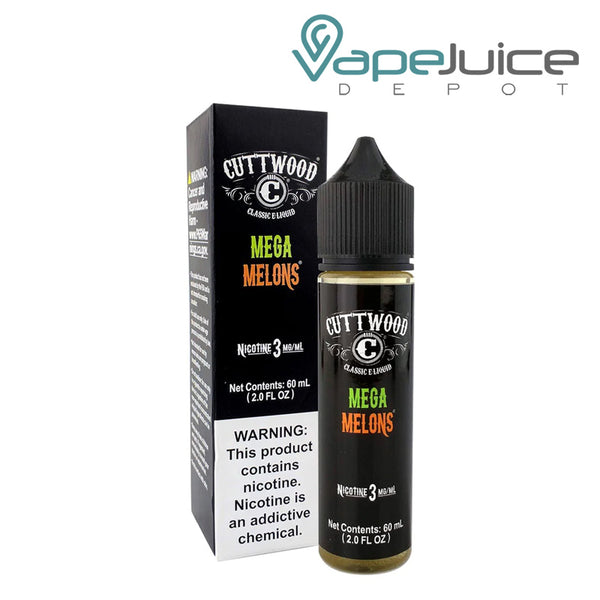 A box of Mega Melons Cuttwood eLiquid with a warning sign and a 60ml bottle next to it - Vape Juice Depot